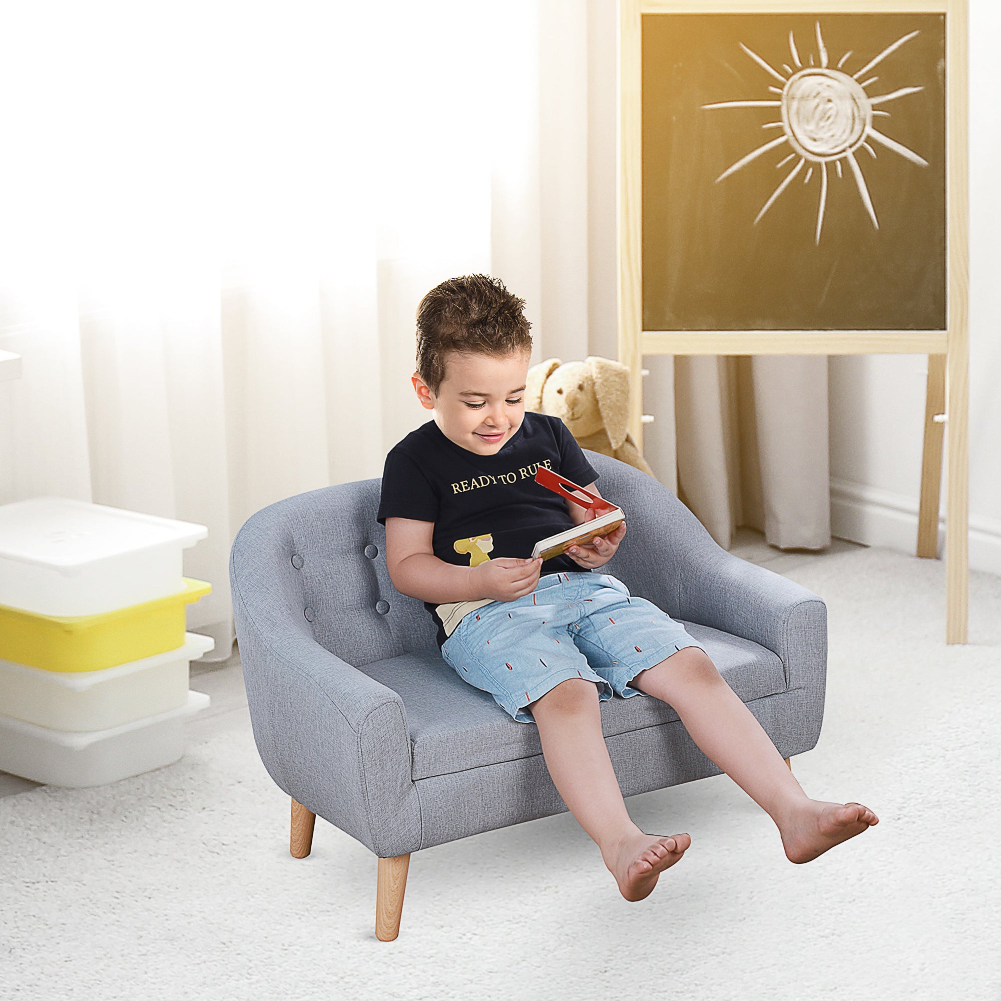 Sofá infantil de 2 plazas, sofá infantil para niños pequeños, sofá de tela tipo lino y estructura de madera para edades de 3 a 7 años, asiento de 28 cm de altura, gris