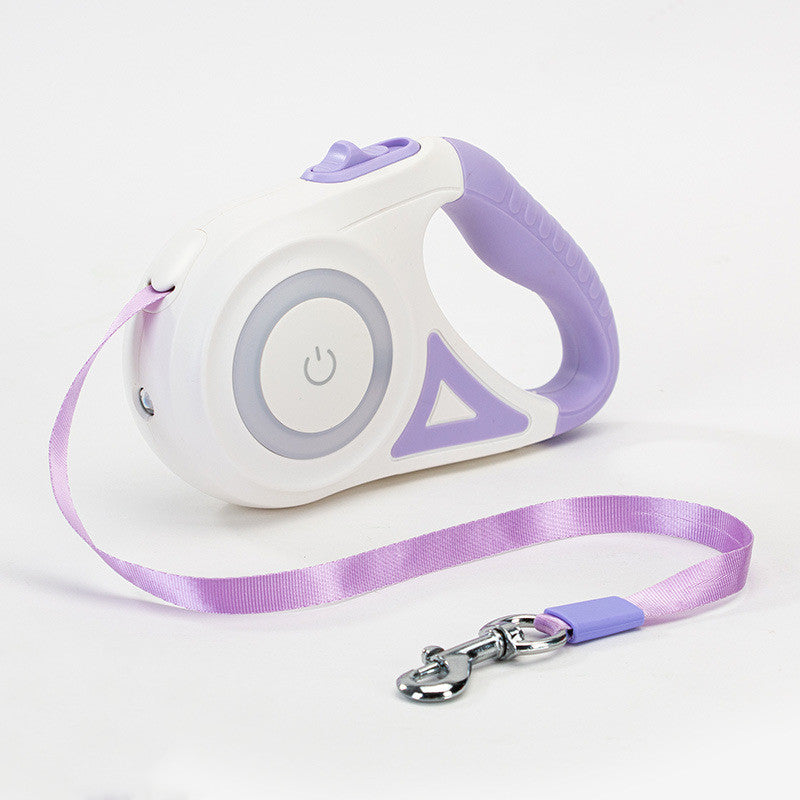 Retractable dog leash set, purple and white case with purple strap and metal hook