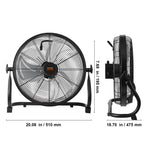 Black cordless floor fan front view with side profile and height/width size marks.