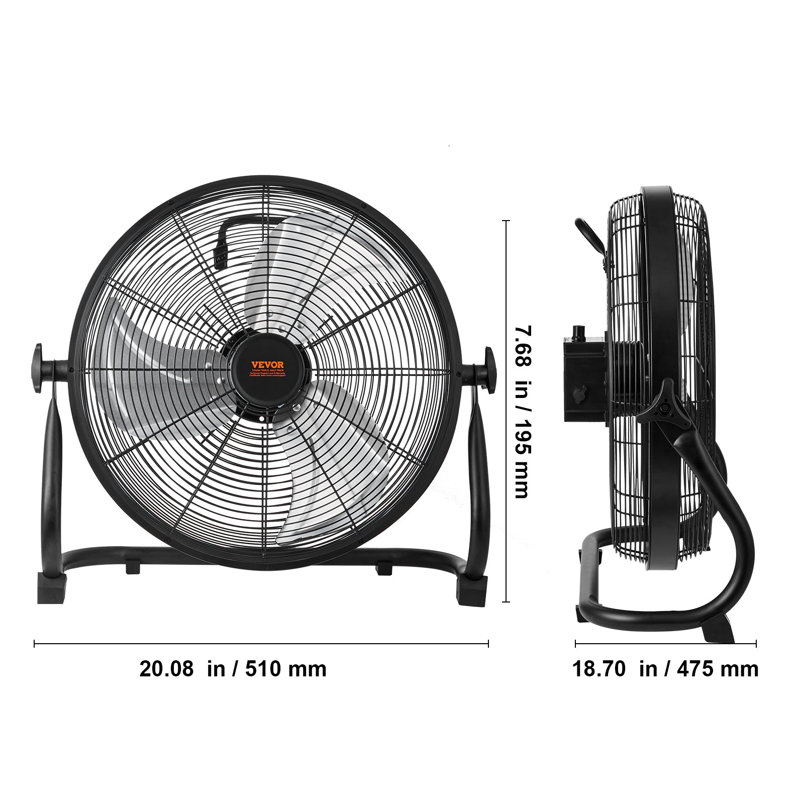 Black cordless floor fan front view with side profile and height/width size marks.