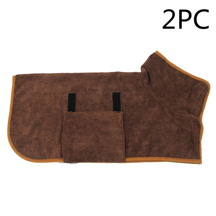 Brown microfiber pet bathrobe drying coat with orange trim and black hook-and-loop tabs