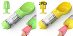 Portable pet water bottle feeder with green bowl and clear bottle, includes pink waste bag