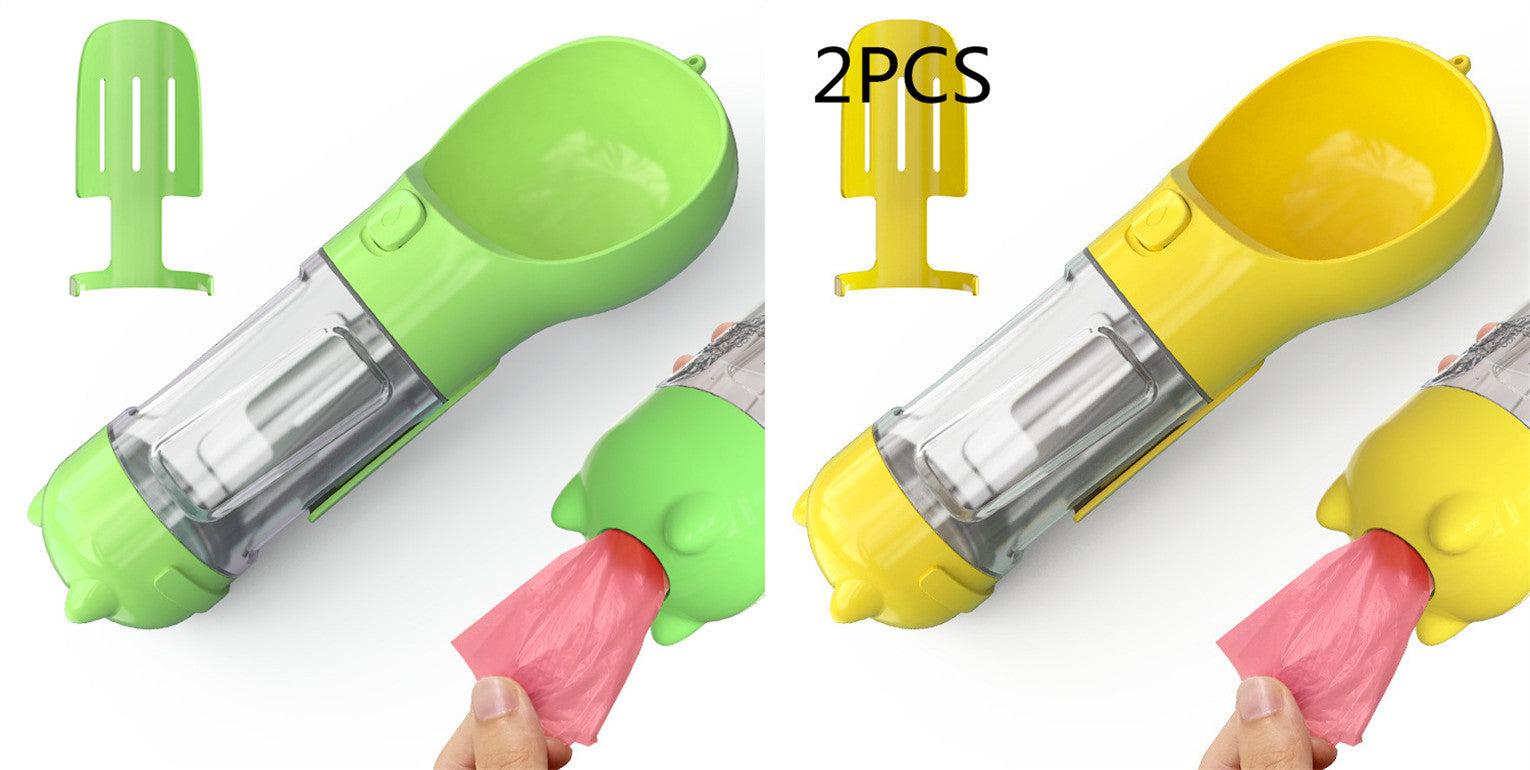 Portable pet water bottle feeder with green bowl and clear bottle, includes pink waste bag