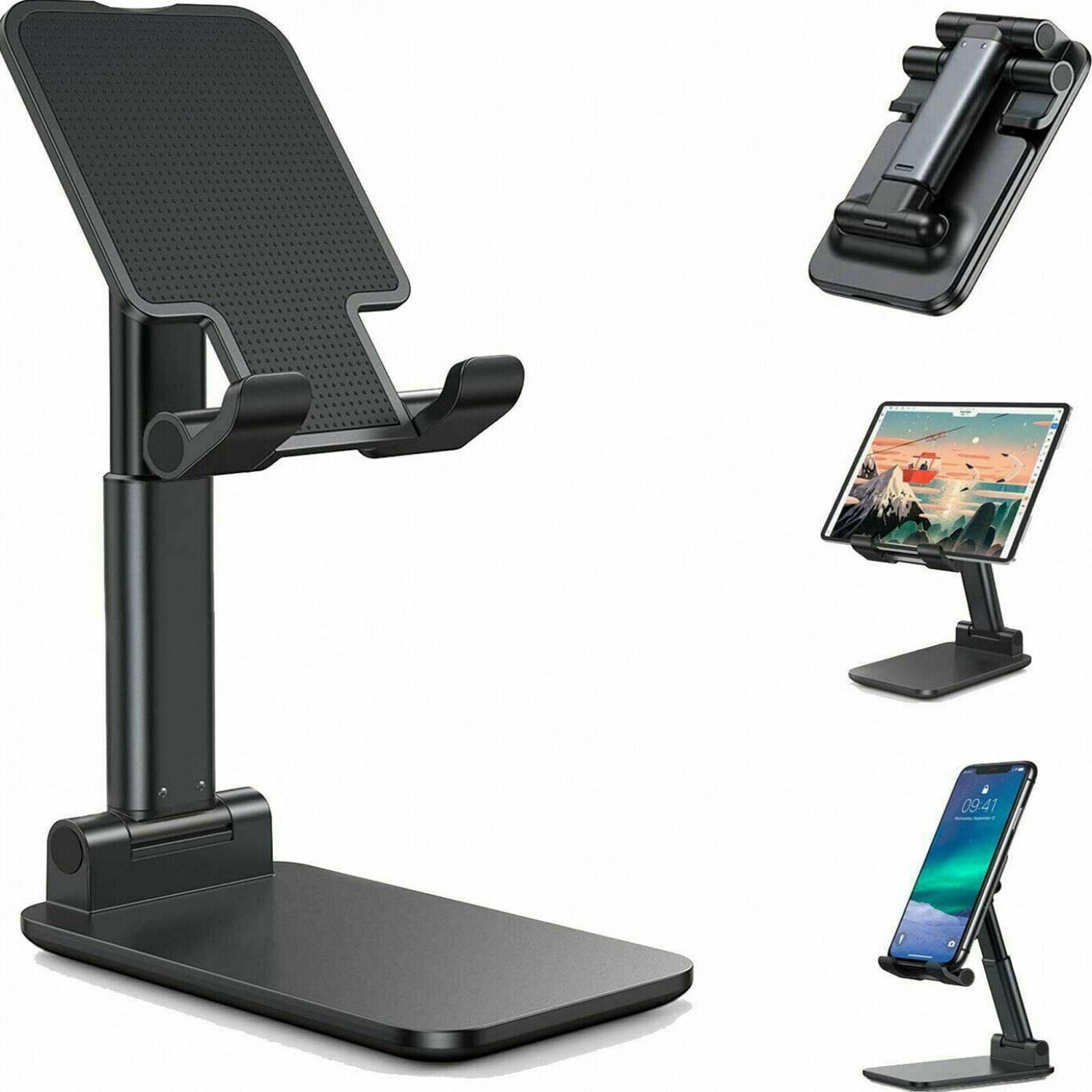 Foldable desktop phone stand, black adjustable arm holding phone and tablet
