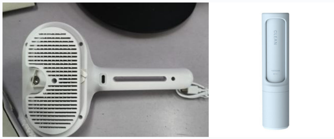 White self-cleaning pet grooming brush with comb head and charging cable
