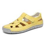 Women's Roman flat woven soft-sole shoes in yellow, strap-closure woven upper