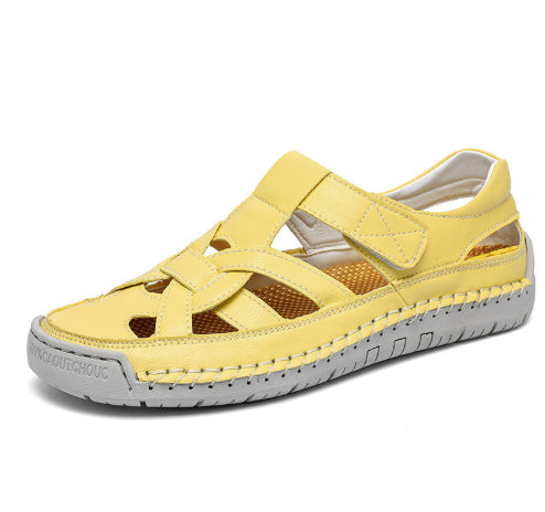Women's Roman flat woven soft-sole shoes in yellow, strap-closure woven upper