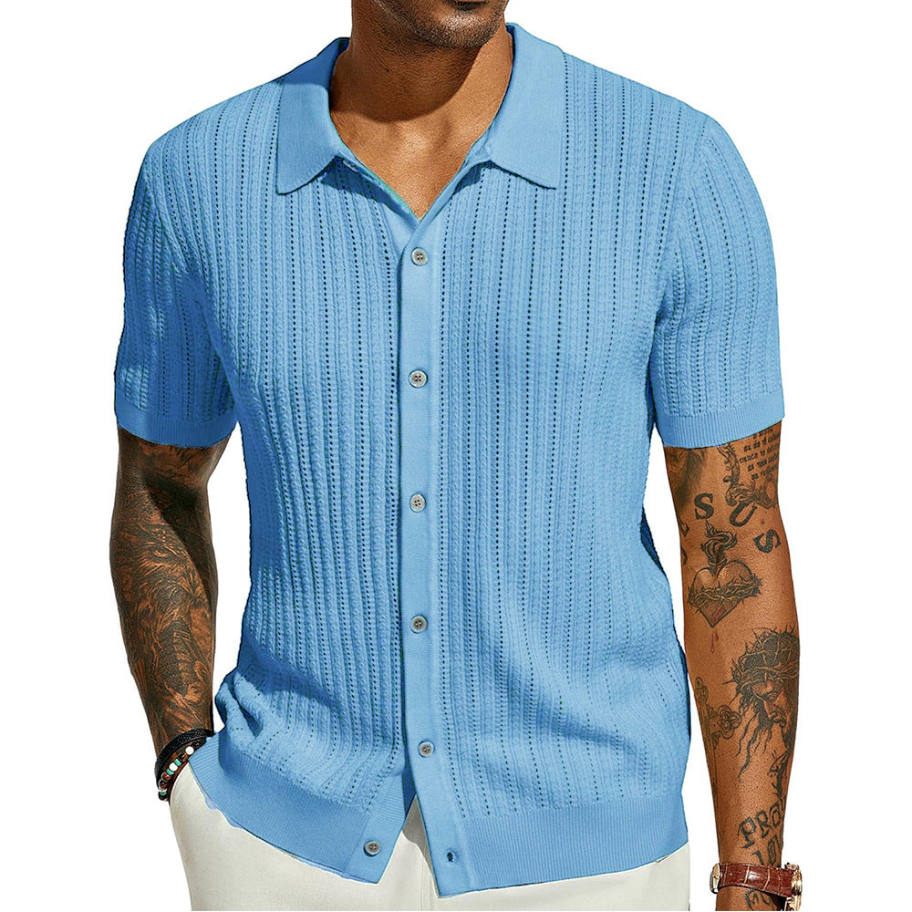 Sky blue knitted polo shirt with point collar, short sleeves, button placket