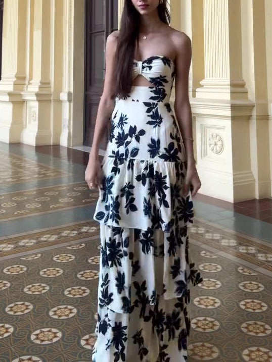Strapless Ruffle Maxi Dress – Vibrant Print, Summer Vacation