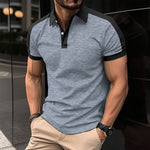 Men's short-sleeve polo shirt, light blue with black collar and sleeve trim