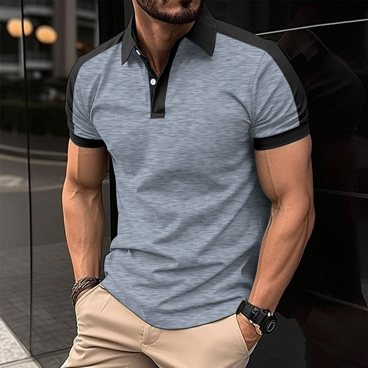 Men's short-sleeve polo shirt, light blue with black collar and sleeve trim