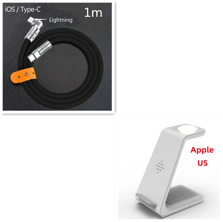 Wireless charging stand with white phone dock and black 1m cable with Type-C end.