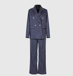 Navy pinstripe blazer set with double-breasted front and matching high-waist wide pants