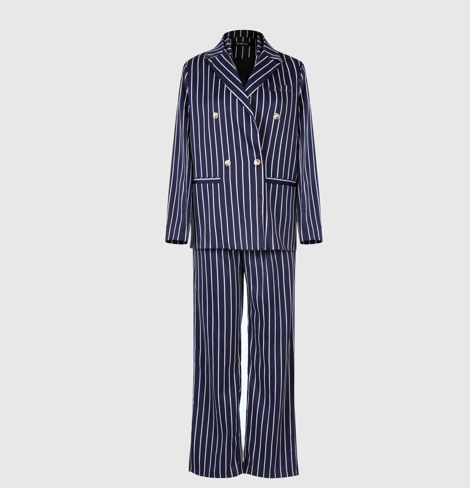 Navy pinstripe blazer set with double-breasted front and matching high-waist wide pants