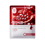 Single red pomegranate facial sheet mask pouch with fruit seed cluster design