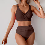 Brown high-waist bikini set with twist-front V-neck bralette and high-rise bottoms