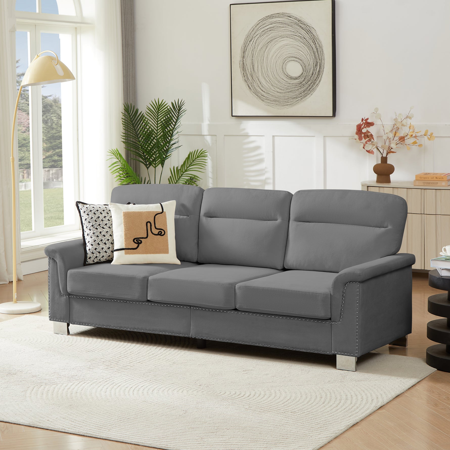 Sofá de 3 plazas de tejido Snowfleece comprimido moderno 82, para sala de estar, dormitorio, oficina y espacios de entretenimiento, gris
