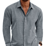 Gray men’s long-sleeve button-front cardigan shirt with open collar and patch pocket