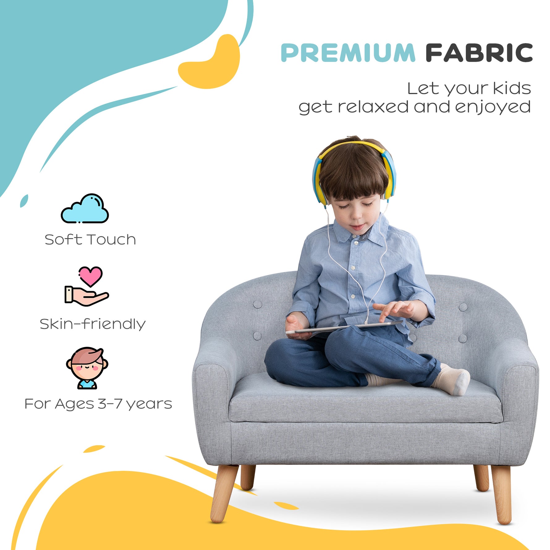 Kids 2-Seater Armchair – Wood Frame Mini Sofa for Children's Bedroom, Grey