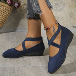Dark blue suede wedge cross-strap flat pumps with ankle bead bracelet detail