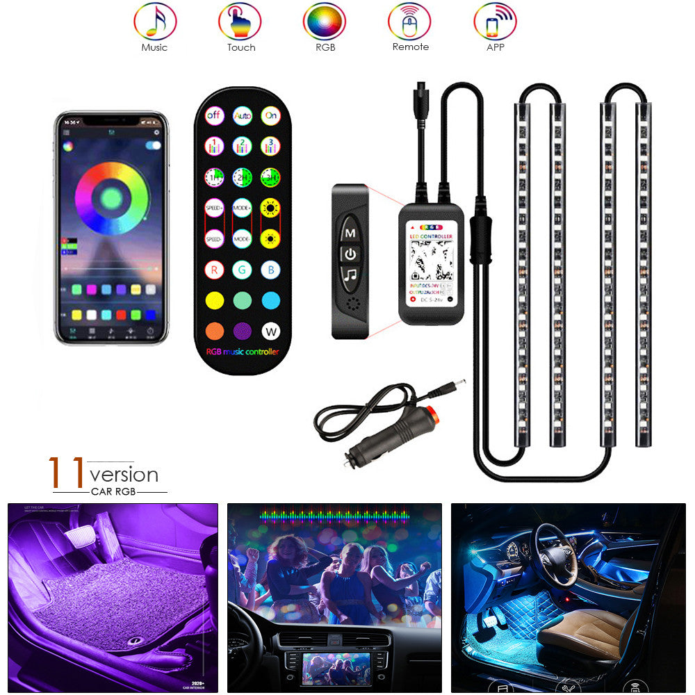 Estilismo de lámpara decorativa LED, luz interior de coche, lámpara ambiental impermeable, control remoto inalámbrico, tira de luces RGB para coche con control de música