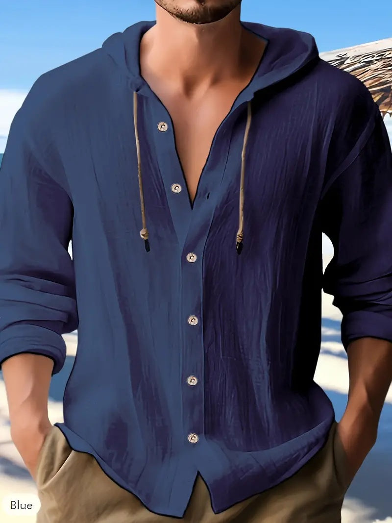 Dark blue hooded button-down top with drawstring, long sleeves