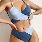 Ribbed patchwork bikini set with triangle bra and high-waist briefs, light and dark blue panels