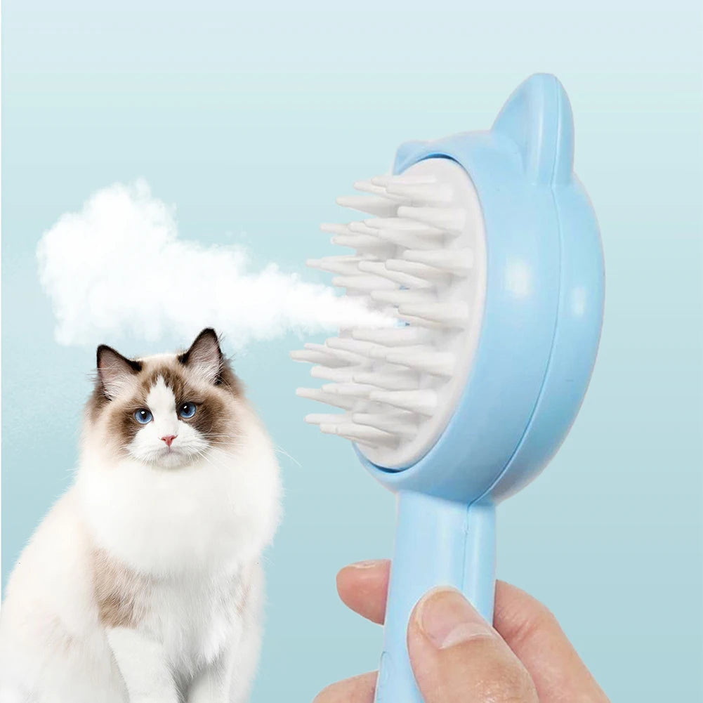 Blue self-cleaning pet grooming slicker brush with mist spray and cat-shaped bristle pad