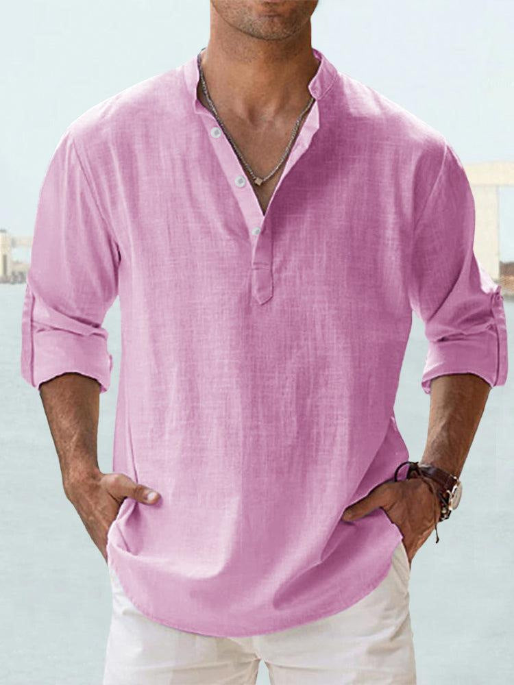 Men's cotton-linen pullover shirt, stand collar, long sleeves, pink button placket
