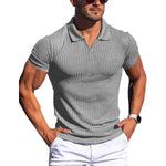 Men’s V-neck polo shirt, short sleeves, vertical stripe texture, light gray