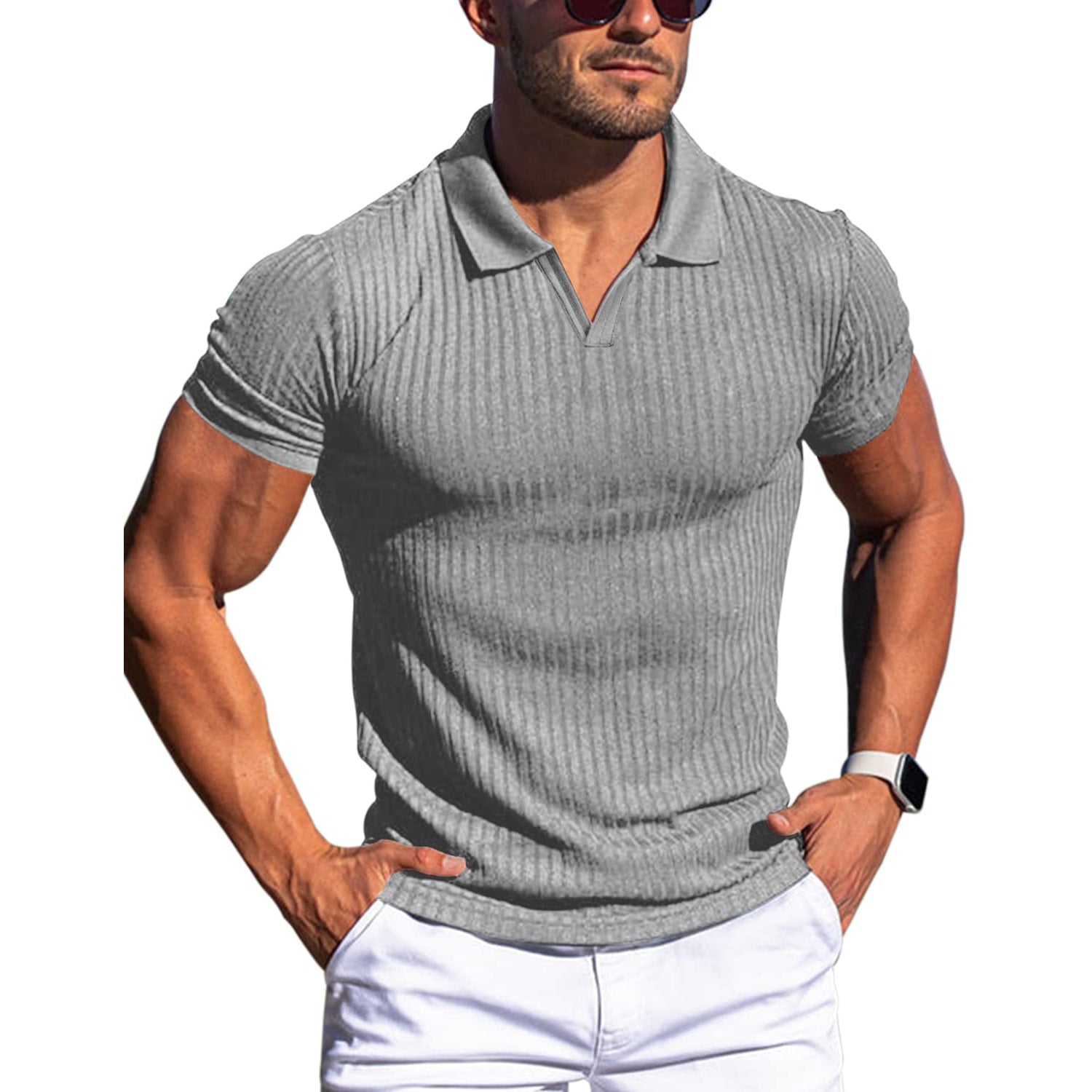 Men’s V-neck polo shirt, short sleeves, vertical stripe texture, light gray