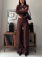 Chic & Confident Brown Crop Top with High-Waist Pants Suit for Effortless Style