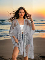 Light gray sheer lace embroidered cardigan, open front, loose fit, mid-calf length.