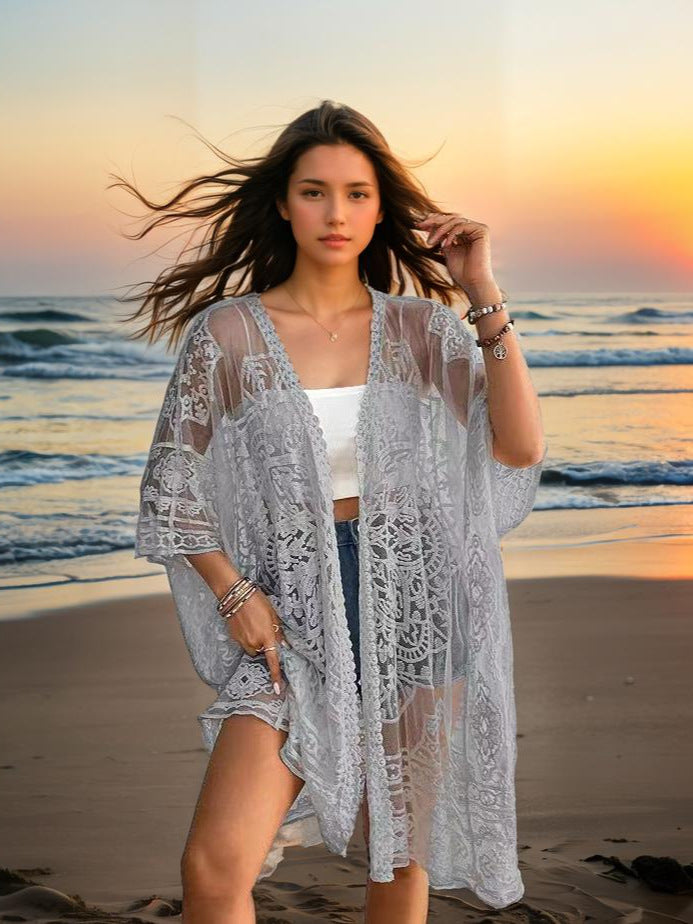 Light gray sheer lace embroidered cardigan, open front, loose fit, mid-calf length.