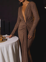 Deep V Long-sleeved Sequin Pleated Dress