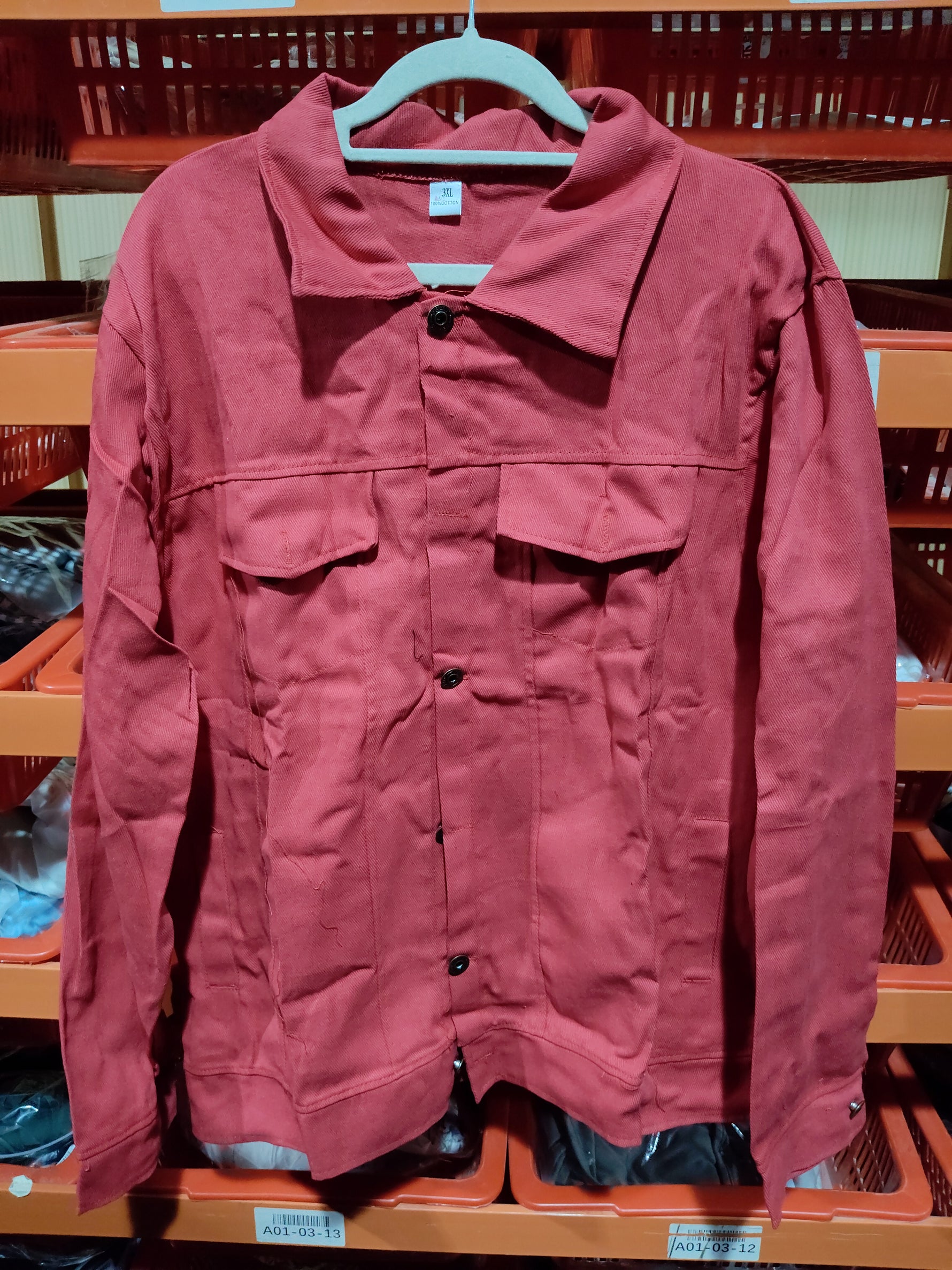 Men's denim button-front jacket with two chest flap pockets, rose red color.