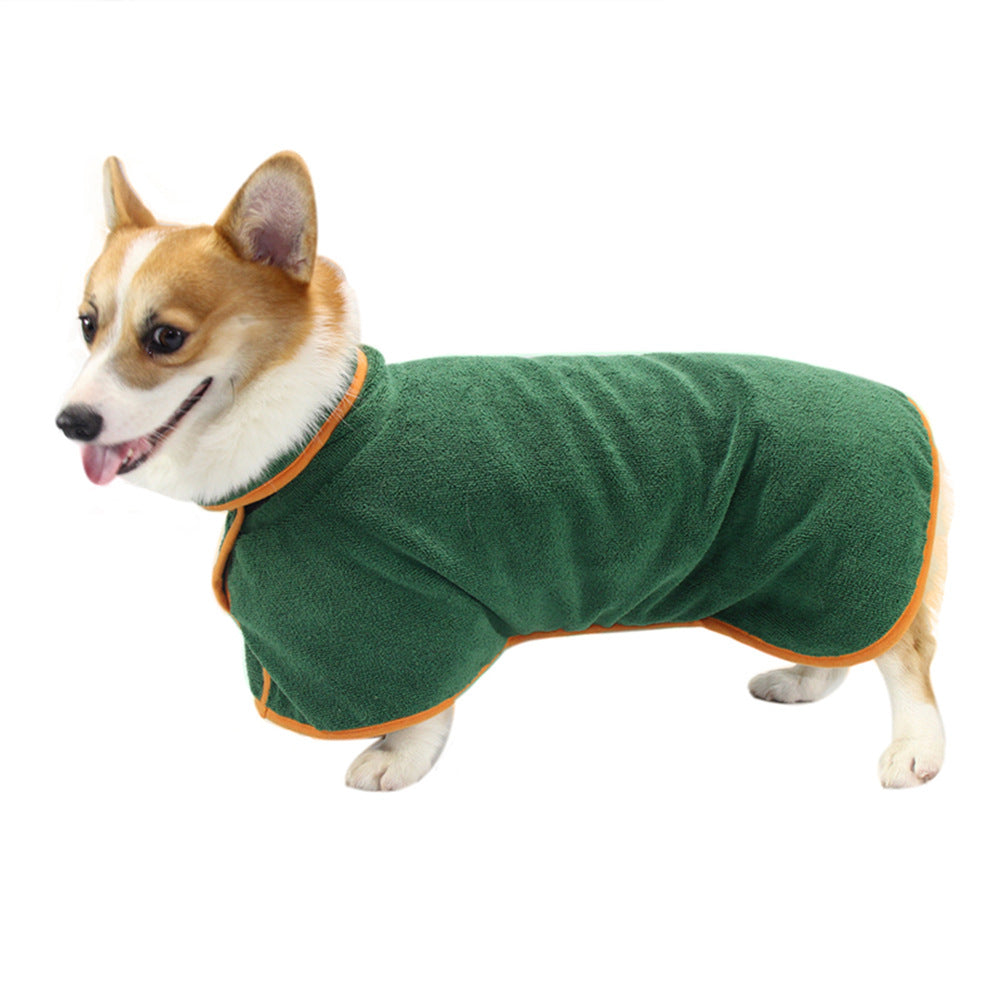 Green microfiber dog bathrobe waist wrap with orange trim on small corgi