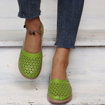 Green round-toe wedge sandals with laser-cut upper and ankle strap
