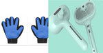 Handheld pet grooming brush with comb pins and blue silicone grooming gloves set