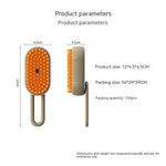 Electric steam pet brush size diagram with orange grooming pad and beige handle