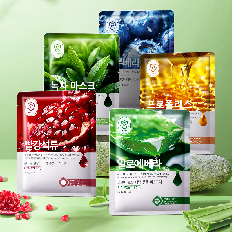 Set of 5 facial sheet mask pouches in blue, green, red, and gold tones