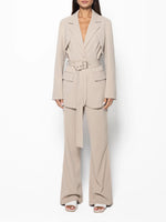 Beige belted blazer and high-waist pants set, notched lapels, button front, belt with metal buckle.