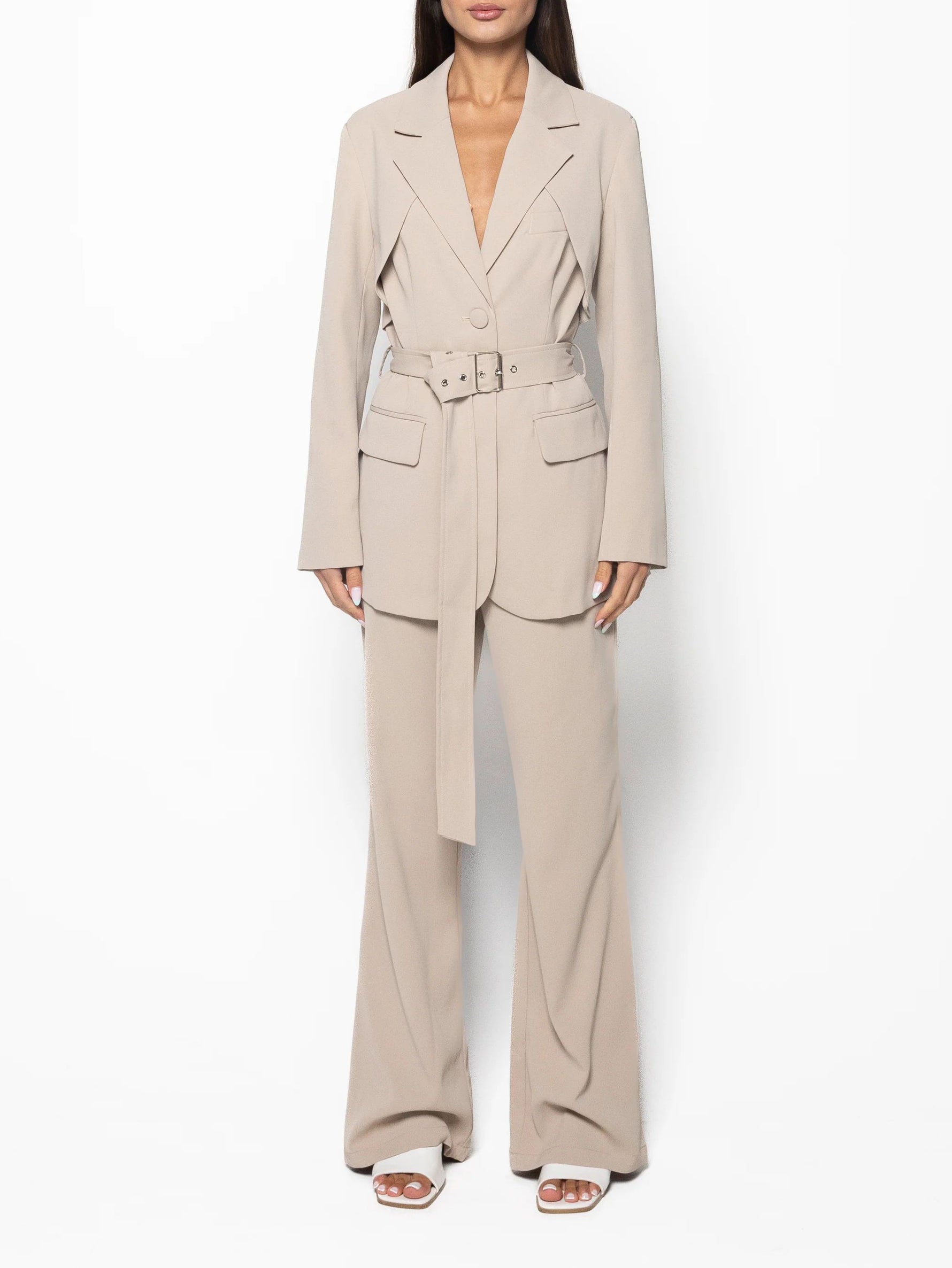 Beige belted blazer and high-waist pants set, notched lapels, button front, belt with metal buckle.