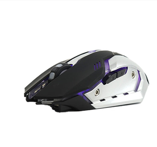 Black and white gaming mouse side view with purple LED accents