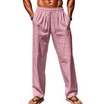 Pink cotton-linen loose trousers with elastic waistband, mid rise