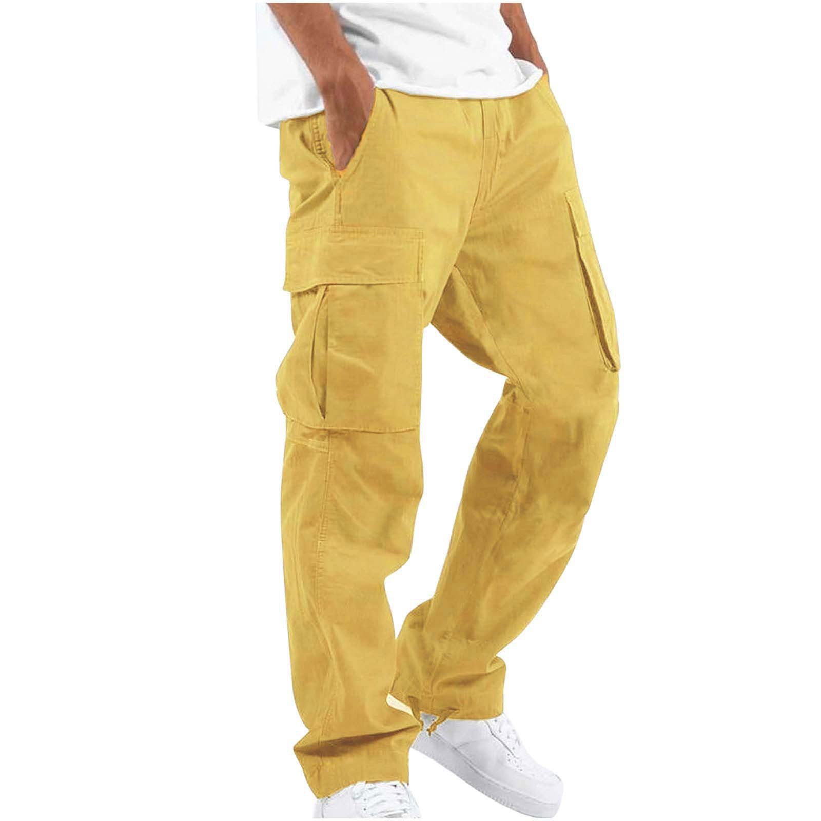 Yellow cargo pants with drawstring ankle, straight leg, multiple front pockets