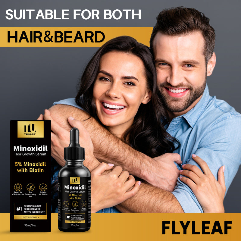 Minoxidil hair growth serum bottle and box with smiling couple