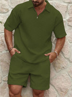 Men's zip short-sleeve shirt and shorts set, olive green quilted texture, half-zip placket