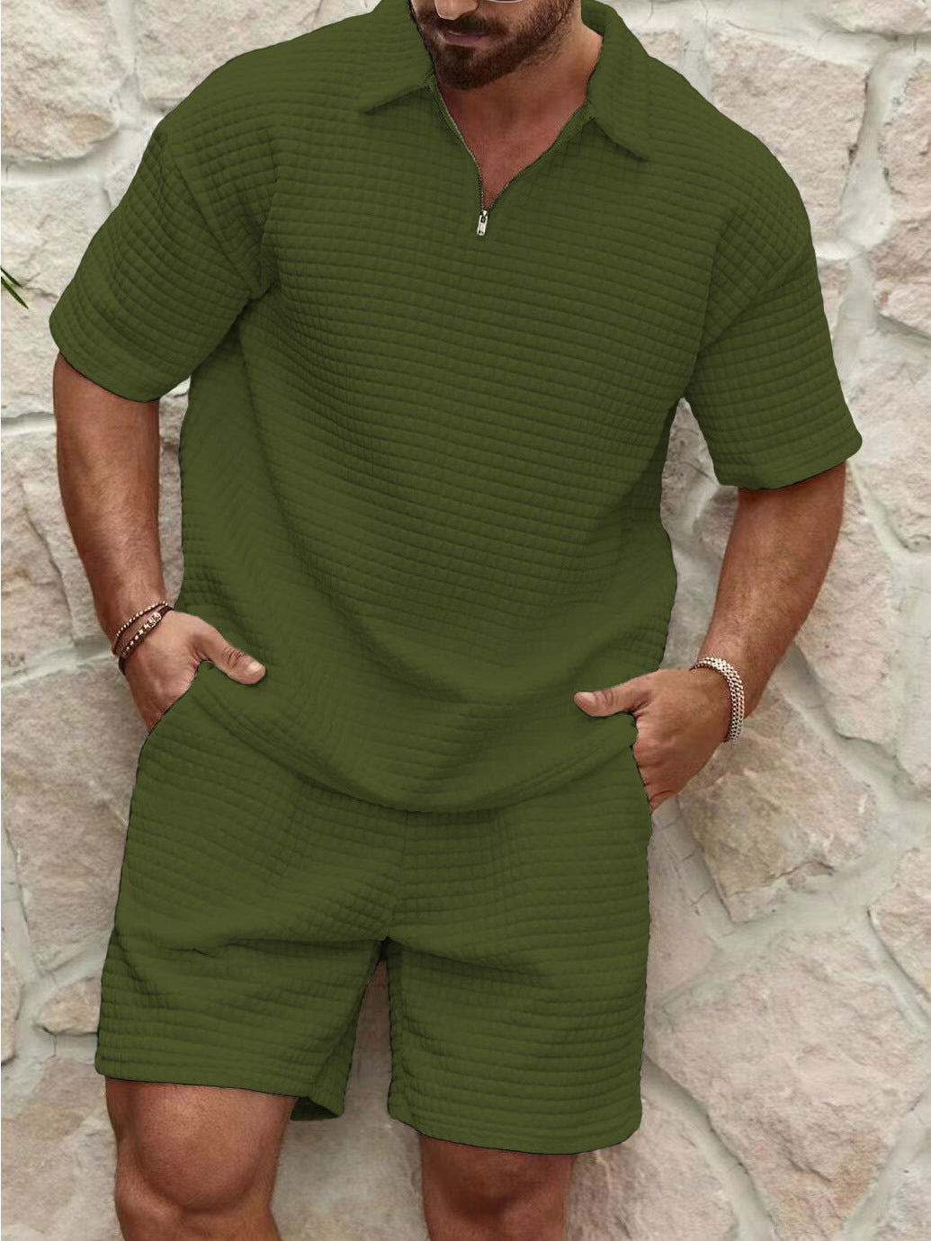 Men's zip short-sleeve shirt and shorts set, olive green quilted texture, half-zip placket