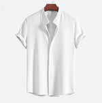 Loose short sleeve shirt, white, ribbed texture with button placket and collar